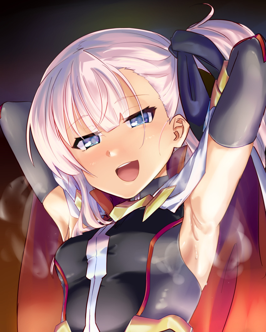 1girl absurdres armpits arms_behind_head arms_up black_leotard blue_eyes blush breasts commentary_request elbow_gloves gloves gradient_background hair_ribbon highres leotard long_hair looking_at_viewer mashitono_desu one_side_up open_mouth pink_hair presenting_armpit ribbon small_breasts smile solo steam sweat toji_no_miko tsubakuro_yume upper_body