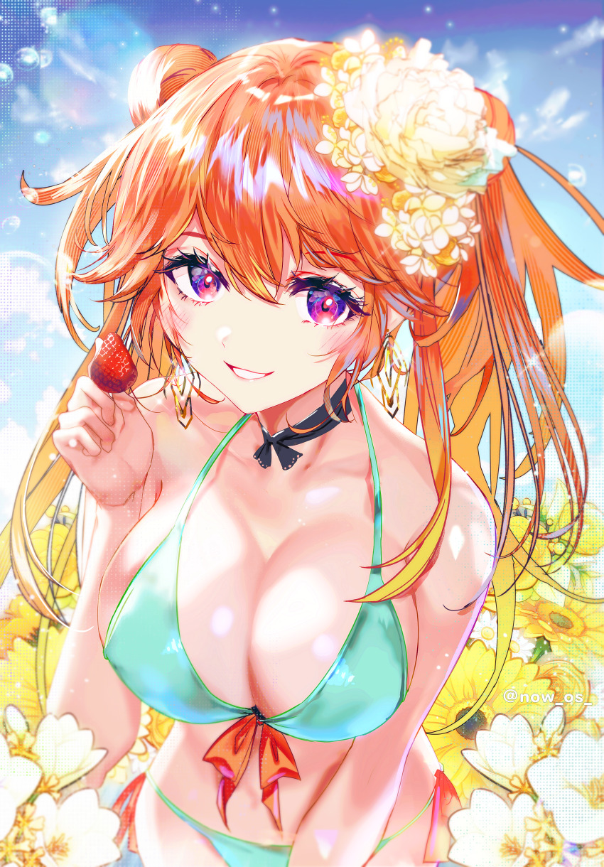 1girl absurdres bare_shoulders bikini black_choker breasts choker double_bun earrings feather_earrings feathers flower food fruit green_bikini hair_bun hair_flower hair_ornament highres hololive hololive_english jewelry large_breasts long_hair navel orange_hair purple_eyes smile sowon strawberry swimsuit takanashi_kiara virtual_youtuber