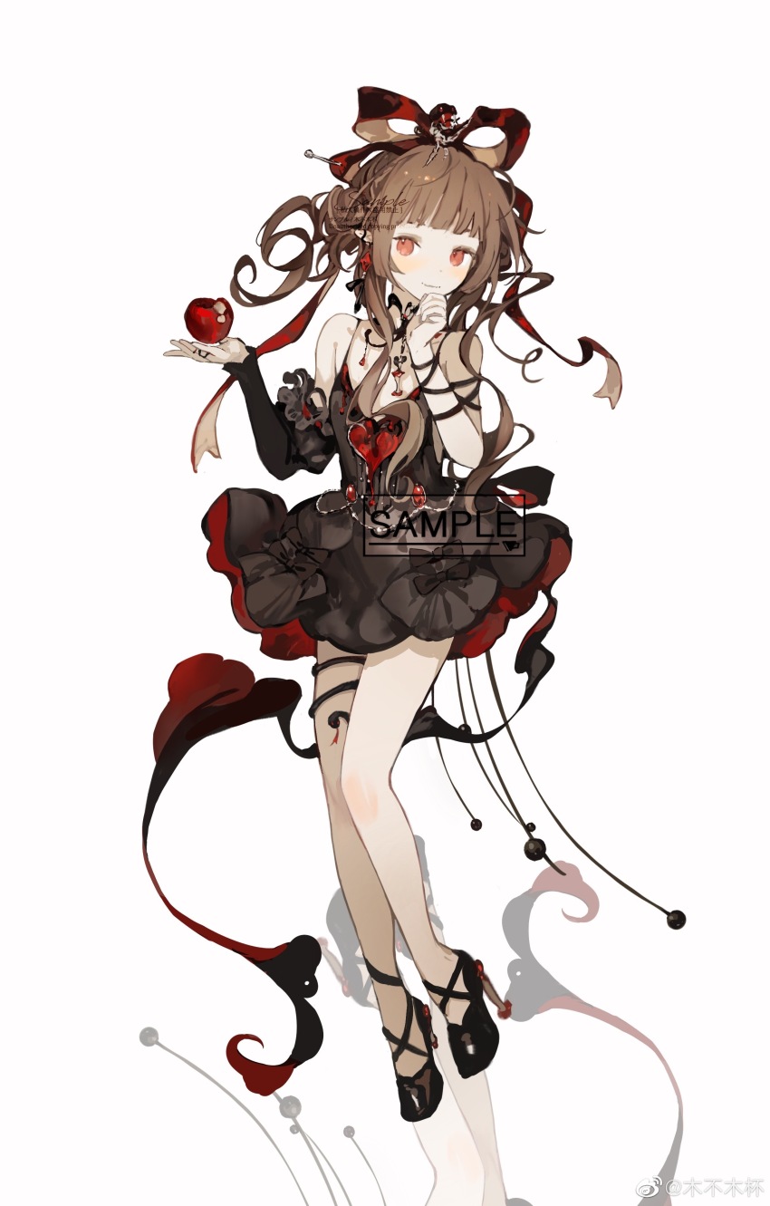 absurdres apple black_dress dress food fruit highres holding holding_food holding_fruit leather mubu mubu_mubei original sample_watermark shoes socks watermark