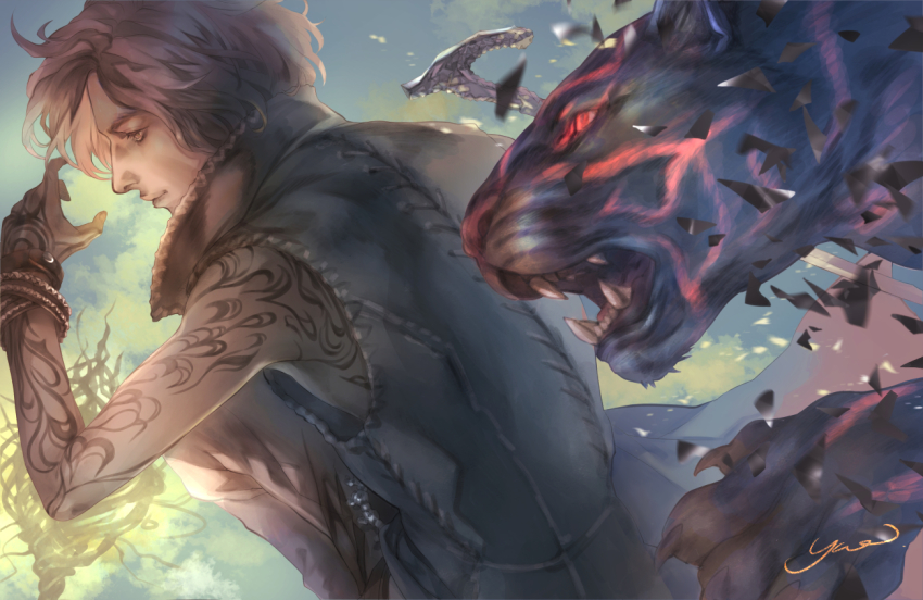 1boy animal arm_tattoo black_coat black_eyes black_hair bracelet cane closed_mouth coat debris devil_may_cry_(series) devil_may_cry_5 familiar from_side glowing glowing_eye hand_up holding holding_cane looking_away male_focus outdoors panther profile red_eyes shadow_(devil_may_cry_5) short_hair sleeveless sleeveless_coat studded_bracelet tattoo twilight upper_body v_(devil_may_cry) yue_(memento1113)