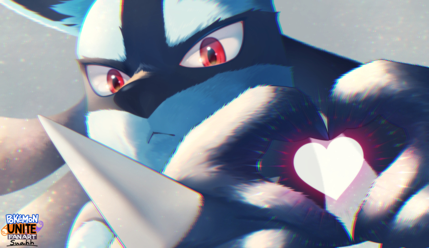 1other :&lt; animal_ears artist_name black_fur blue_fur body_fur chromatic_aberration claws closed_mouth copyright_name creatures_(company) english_text game_freak gen_4_pokemon grey_background hands_up heart_hands heart_in_heart_hands light_particles logo looking_at_viewer lucario nintendo other_focus own_hands_together pokemon pokemon_(creature) pokemon_unite portrait red_eyes signature simple_background snout solo spikes suahh two-tone_fur wolf_ears