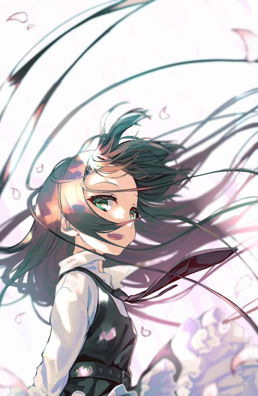 1girl absurdres arms_behind_back belt black_belt black_dress black_hair black_necktie blurry_edges clothes_lift collared_shirt dress dress_over_shirt flat_chest floating_hair frilled_dress frills green_eyes highres kagome_(traumatize) long_hair long_sleeves looking_at_viewer natsume_ai necktie open_mouth petals pinafore_dress pink_petals sakura_no_toki shirt simple_background skirt skirt_lift sleeveless sleeveless_dress smile solo straight_hair teeth tongue upper_body upper_teeth_only very_long_hair white_background white_shirt wind