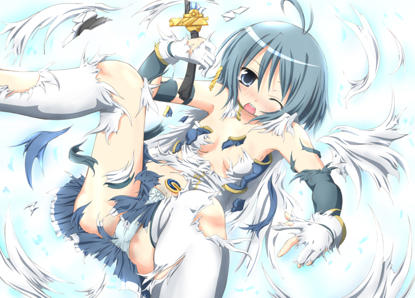 10s 1girl ahoge arm_strap blue_eyes blue_hair blush cameltoe detached_sleeves female_focus gloves magical_girl mahou_shoujo_madoka_magica mahou_shoujo_madoka_magica_(anime) matching_hair/eyes miki_sayaka miki_sayaka_(magical_girl) one_eye_closed open_mouth panties pantyshot sakuraebi_chima short_hair skirt solo spread_legs sword thighhighs torn_clothes torn_gloves torn_skirt torn_thighhighs underwear weapon white_panties white_thighhighs wink