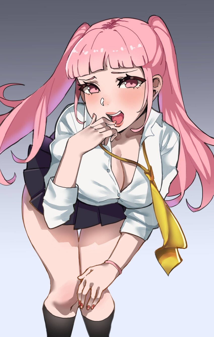 1girl bent_over breasts ceroccb cleavage fire_emblem fire_emblem:_three_houses hilda_valentine_goneril large_breasts long_hair looking_at_viewer nail_polish nintendo open_mouth pink_eyes pink_hair skirt solo