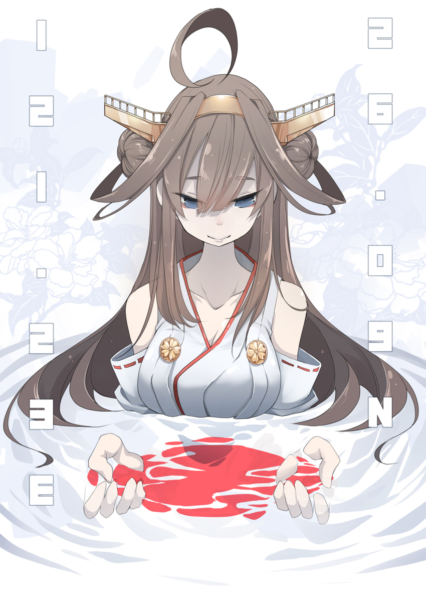 10s 1girl ahoge bare_shoulders blue_eyes breasts brown_hair cleavage detached_sleeves double_bun female_focus hair_bun headgear highres in_water kantai_collection kongou_(kancolle) long_hair nontraditional_miko simple_background smile solo tansuke