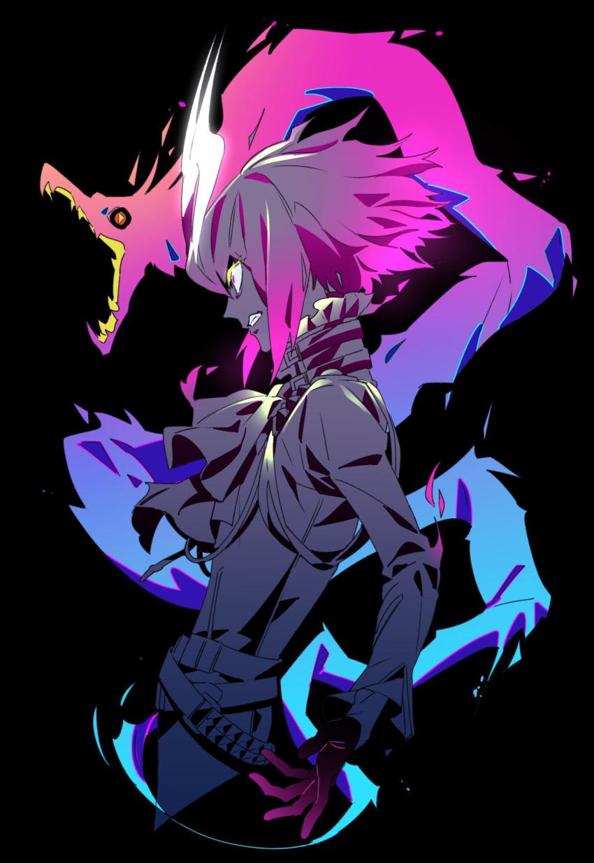 1boy black_background black_gloves black_jacket clenched_teeth ascot dragon fire gloves half_gloves highres jacket lio_fotia male_focus promare short_hair solo teeth tenobe