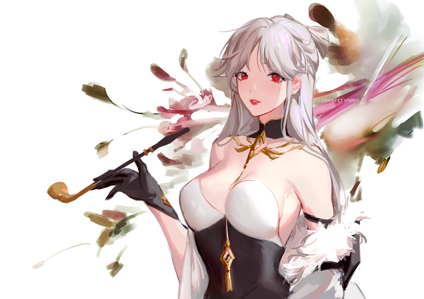 1girl bare_shoulders black_gloves breasts cleavage dress genshin_impact gloves half_updo holding holding_smoking_pipe looking_at_viewer nevercrymoon ningguang_(genshin_impact) red_eyes smoking_pipe solo white_hair