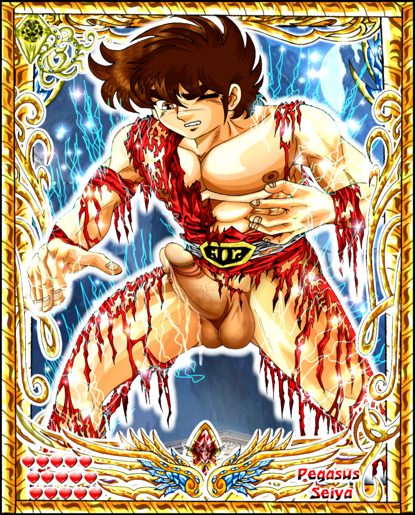 bara brown_eyes brown_hair highres lucifer_seraphim male_focus muscular nipples pegasus_seiya penis saint_seiya yaoi