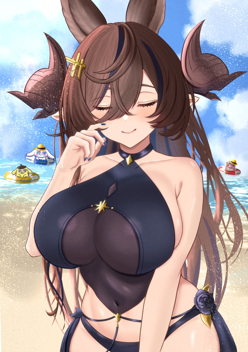 1girl animal_ears bare_shoulders bikini black_bikini blue_nails breasts brown_hair brown_horns closed_eyes extra_ears galleon_(granblue_fantasy) galleon_(summer)_(granblue_fantasy) granblue_fantasy hair_between_eyes highres hilda_sakura horns long_hair multicolored_hair official_alternate_costume pointy_ears see-through_clothes streaked_hair swimsuit