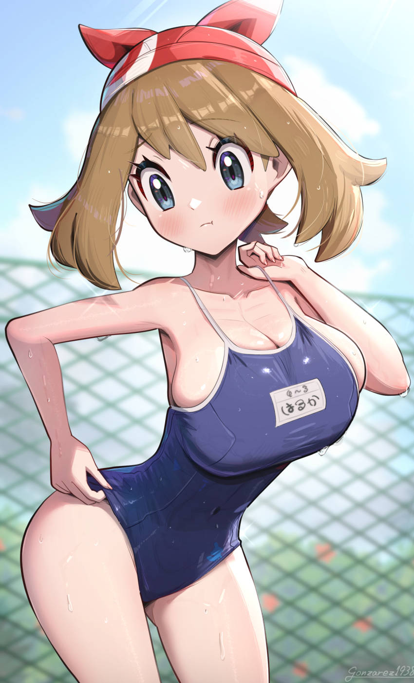 absurdres alternate_costume blue_eyes breasts brown_hair creatures_(company) game_freak gonzarez highres large_breasts may_(pokemon) nintendo one-piece_swimsuit pokemon pokemon_rse school_swimsuit swimsuit