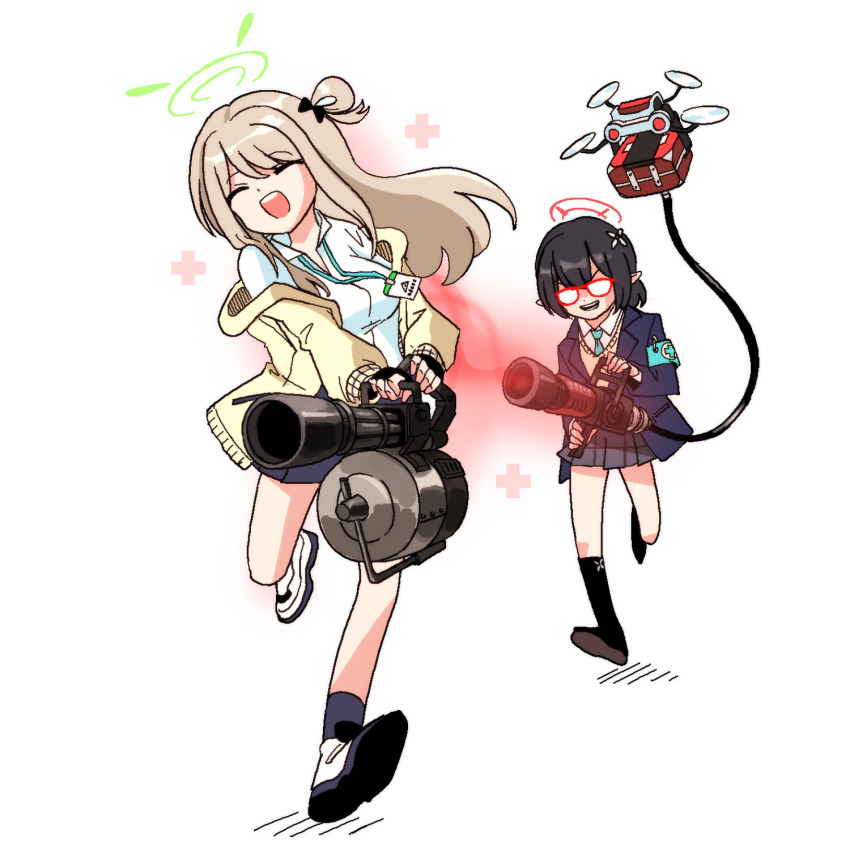 2girls ayane_(blue_archive) blue_archive closed_eyes crossover drone gatling_gun glasses halo heavy_(tf2) highres id_card lanyard m134_minigun medi_gun medic_(tf2) multiple_girls nonomi_(blue_archive) parody school_uniform syk team_fortress_2