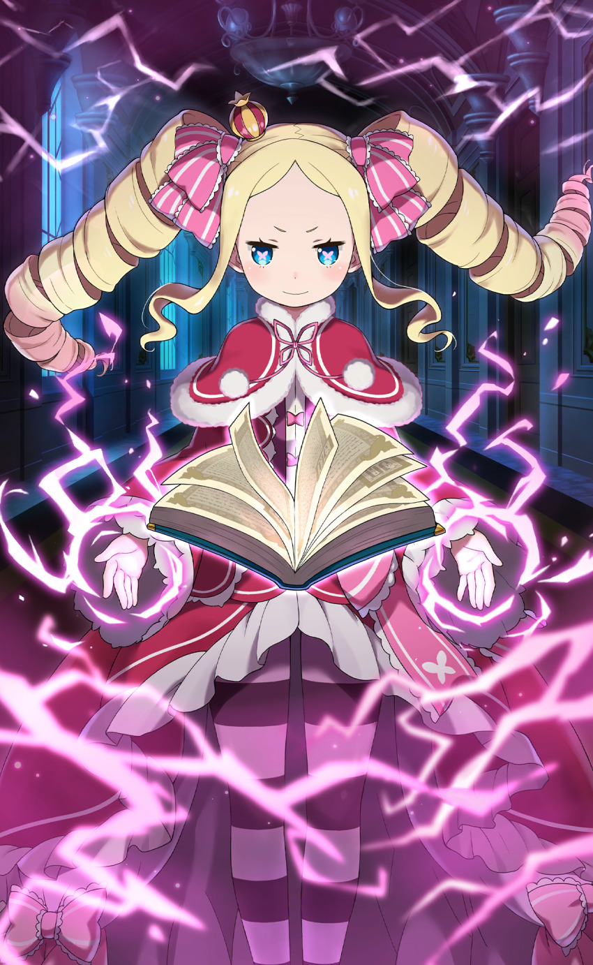 &gt;:) 1girl beatrice_(re:zero) blonde_hair blue_eyes book bow butterfly-shaped_pupils capelet crown dress drill_hair energy feet_out_of_frame forehead frilled_dress frills fur-trimmed_capelet fur_trim gradient_hair hair_ribbon hallway highres indoors long_hair long_sleeves looking_at_viewer magic mini_crown multicolored_hair non-web_source official_art pantyhose parted_bangs pink_bow pink_hair pink_pupils pink_ribbon pom_pom_(clothes) re:zero_kara_hajimeru_isekai_seikatsu re:zero_kara_hajimeru_isekai_seikatsu:_lost_in_memories red_dress ribbon sidelocks smile solo standing straight-on striped_clothes striped_pantyhose symbol-shaped_pupils twin_drills v-shaped_eyebrows