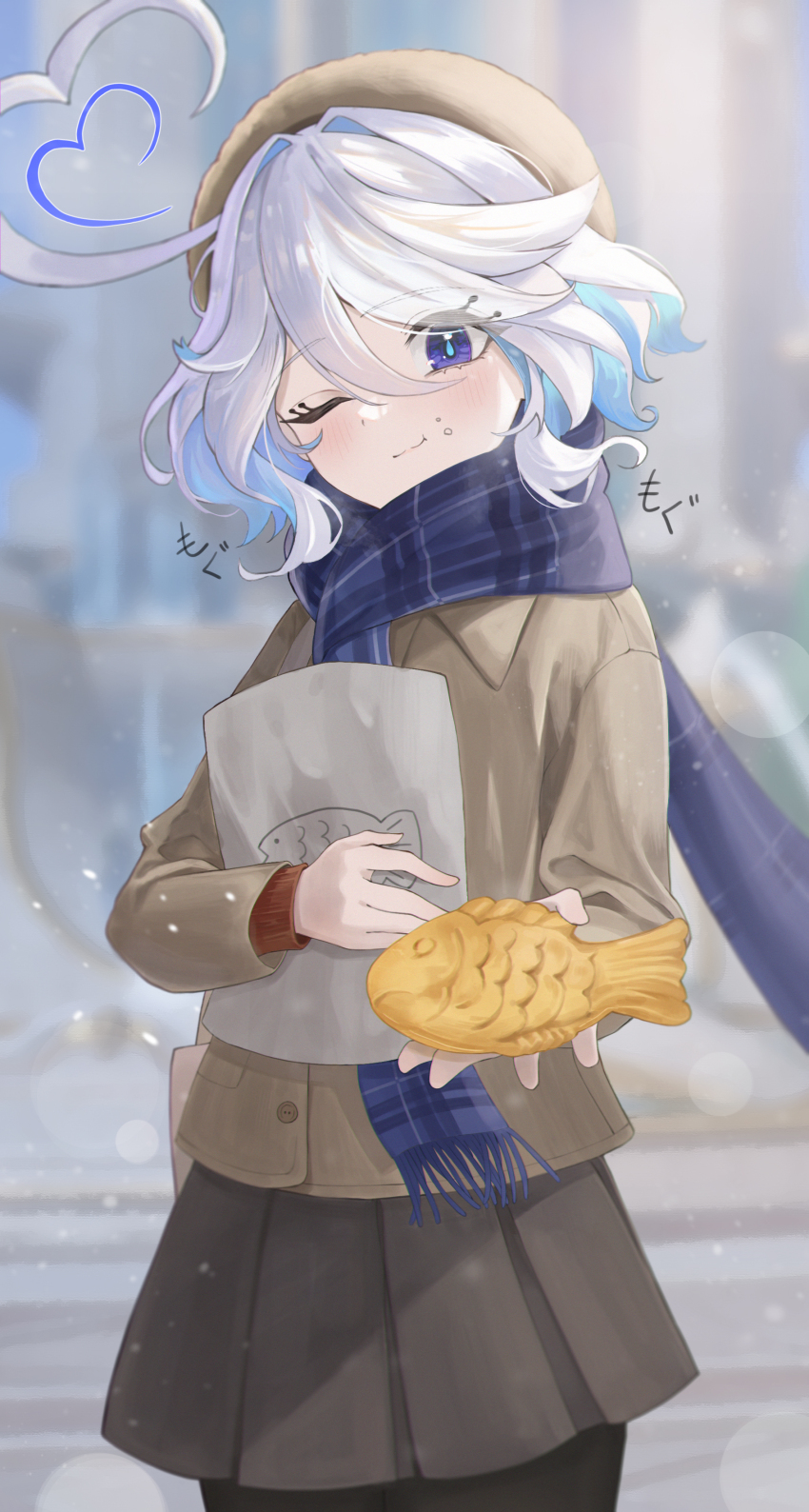 1girl ;) absurdres ahoge bag baseatoz black_pantyhose blue_eyes blue_hair blue_scarf brown_hat brown_jacket brown_skirt cowlick eating food furina_(genshin_impact) genshin_impact hat heart heart_ahoge highres holding holding_bag holding_food jacket light_blue_hair looking_at_viewer one_eye_closed pantyhose scarf short_hair skirt smile snow solo taiyaki wagashi