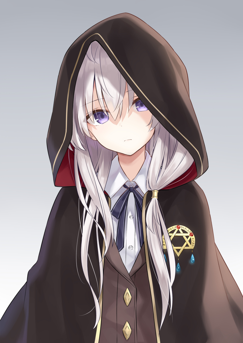 1girl absurdres azuuru blazer buttons cloak closed_mouth collared_shirt commentary_request elaina_(majo_no_tabitabi) gradient_background hair_between_eyes hair_ornament hexagram highres hood hood_up jacket long_hair looking_at_viewer majo_no_tabitabi neck_ribbon purple_eyes ribbon shirt solo upper_body white_hair white_shirt