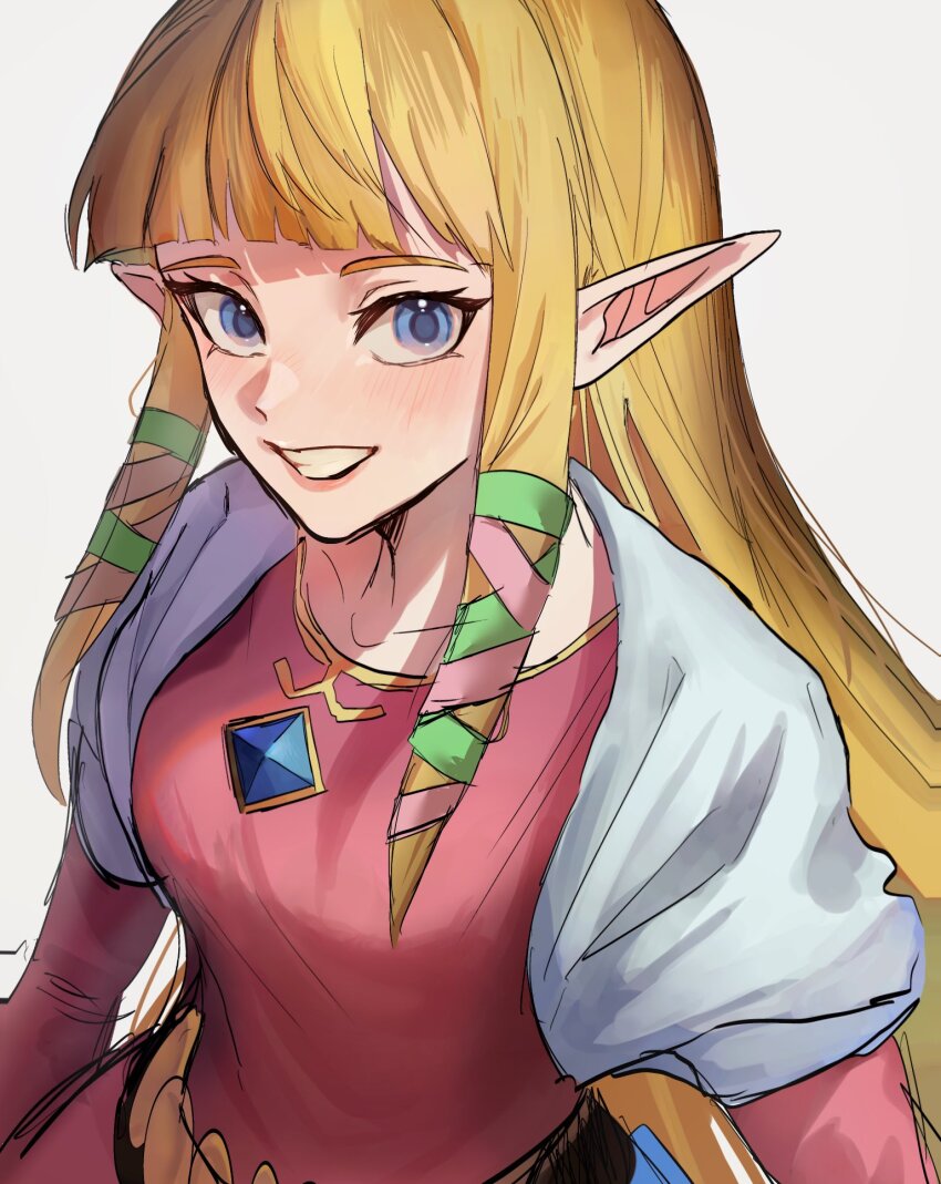 1girl blonde_hair blue_eyes blunt_bangs blush breasts capelet collarbone commentary dress grin highres jewelry long_hair long_sleeves looking_at_viewer low-tied_sidelocks medium_breasts mia_ru1228 nintendo pink_dress pointy_ears princess_zelda sidelocks simple_background smile solo symbol-only_commentary the_legend_of_zelda the_legend_of_zelda:_skyward_sword upper_body white_background white_capelet