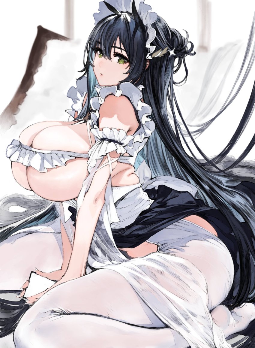 1girl azur_lane black_hair breasts dress green_eyes highres houden_eizou huge_breasts indomitable_(azur_lane) indomitable_(ms._motivationless_maid)_(azur_lane) long_hair maid_headdress official_alternate_costume revealing_clothes sitting underboob very_long_hair wariza white_dress