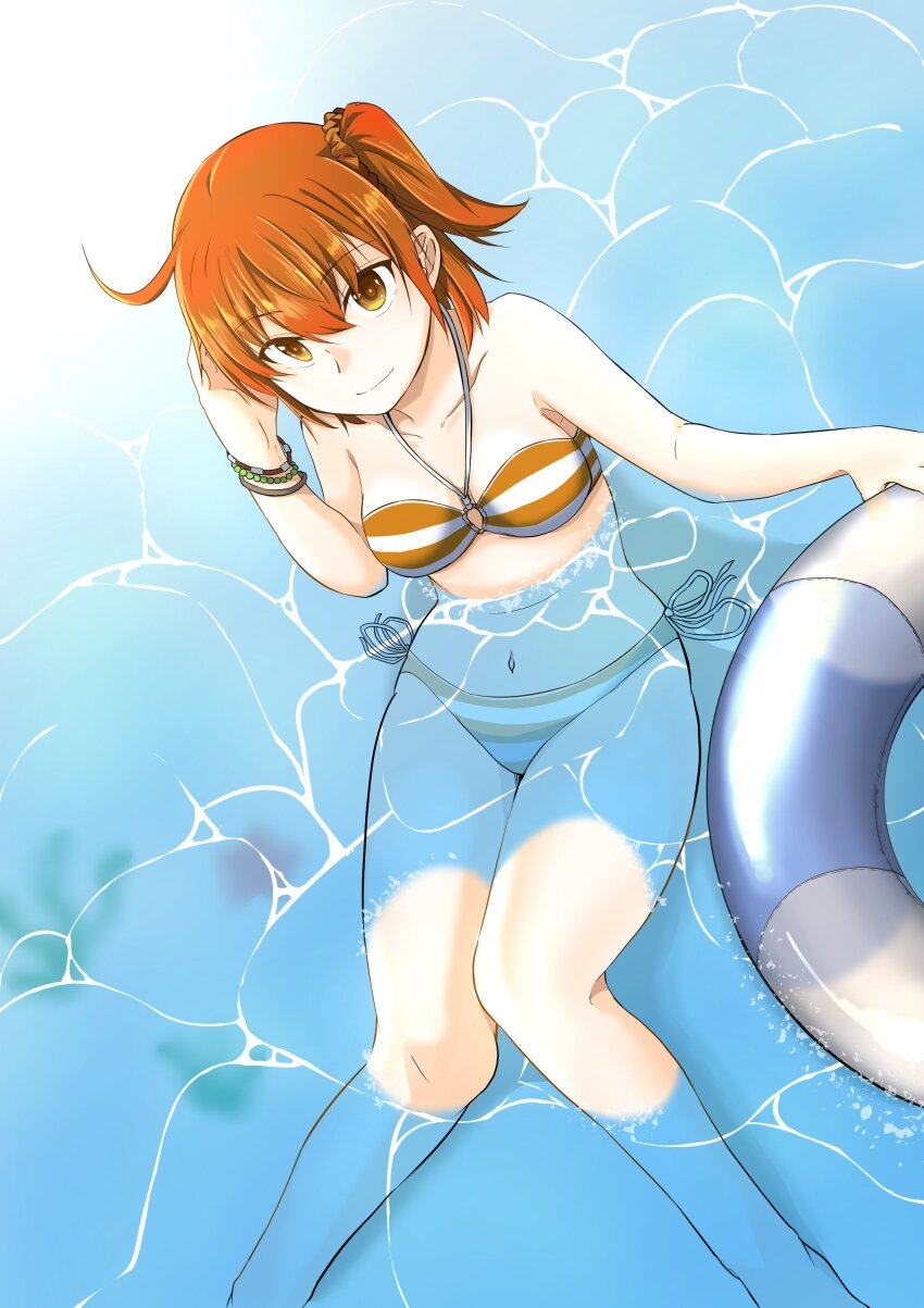 1girl absurdres bikini bracelet breasts commentary_request drag009 dutch_angle fate/grand_order fate_(series) fujimaru_ritsuka_(female) fujimaru_ritsuka_(female)_(brilliant_summer) hair_ornament halterneck highres innertube jewelry knees_together_feet_apart medium_breasts navel o-ring o-ring_bikini one_side_up orange_eyes partially_submerged sitting smile solo striped_bikini striped_clothes swim_ring swimsuit