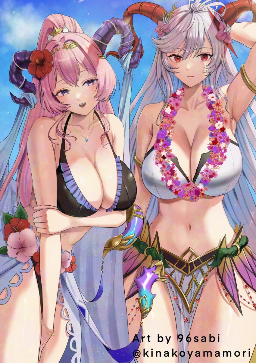 2girls alternate_costume arm_behind_head arm_under_breasts armlet aunt_and_niece bikini black_bikini blue_hair blush breasts cleavage commission cowboy_shot curled_horns female_focus fire_emblem fire_emblem_heroes flower flower_necklace freyja_(fire_emblem) freyja_(summer)_(fire_emblem) goat_horns gold_armlet gold_circlet grey_hair hair_flower hair_ornament highres horns huge_breasts jewelry large_horns leaning_forward long_hair looking_at_viewer mature_female multicolored_hair multiple_girls navel necklace nerthuz_(fire_emblem) nerthuz_(summer)_(fire_emblem) nintendo official_alternate_costume outdoors pelvic_curtain pink_hair ponytail purple_eyes purple_horns red_eyes red_horns skeb_commission smile swimsuit two-tone_hair white_bikini yamamori_kinako