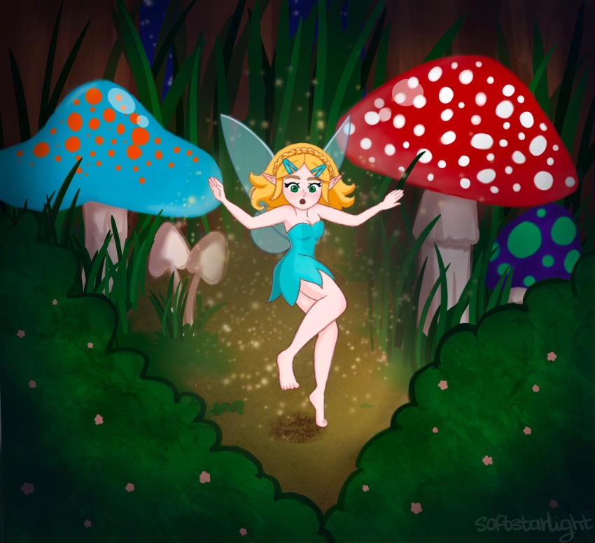 1girl bare_shoulders barefoot blonde_hair cosplay curvy dress fairy fairy_wings feet flying green_eyes hair_ornament hairclip highres hip_focus magic peter_pan_(disney) pointy_ears princess_zelda self-upload short_dress short_hair softstarlight strapless strapless_dress tinker_bell_(disney) tinker_bell_(disney)_(cosplay) wings