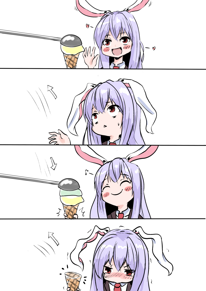 1girl absurdres animal_ears black_jacket blazer blush crying food highres ice_cream ice_cream_cone jacket mendou_jun necktie prank purple_hair rabbit_ears rabbit_girl red_eyes red_necktie reisen_udongein_inaba sad shirt smile spoon tearing_up touhou white_shirt