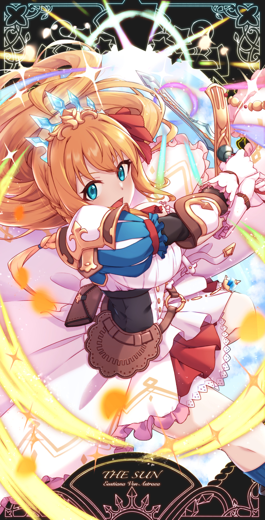 absurdres ahoge altheavin armor ascot blue_eyes blue_sleeves braid breasts elbow_pads gloves hair_ribbon highres holding holding_sword holding_weapon large_breasts orange_hair pauldrons pecorine_(princess_connect!) princess_connect! red_ascot red_ribbon ribbon shoulder_armor shrug_(clothing) side_braid single_elbow_pad single_pauldron sword tarot the_sun_(tarot) tiara weapon white_gloves