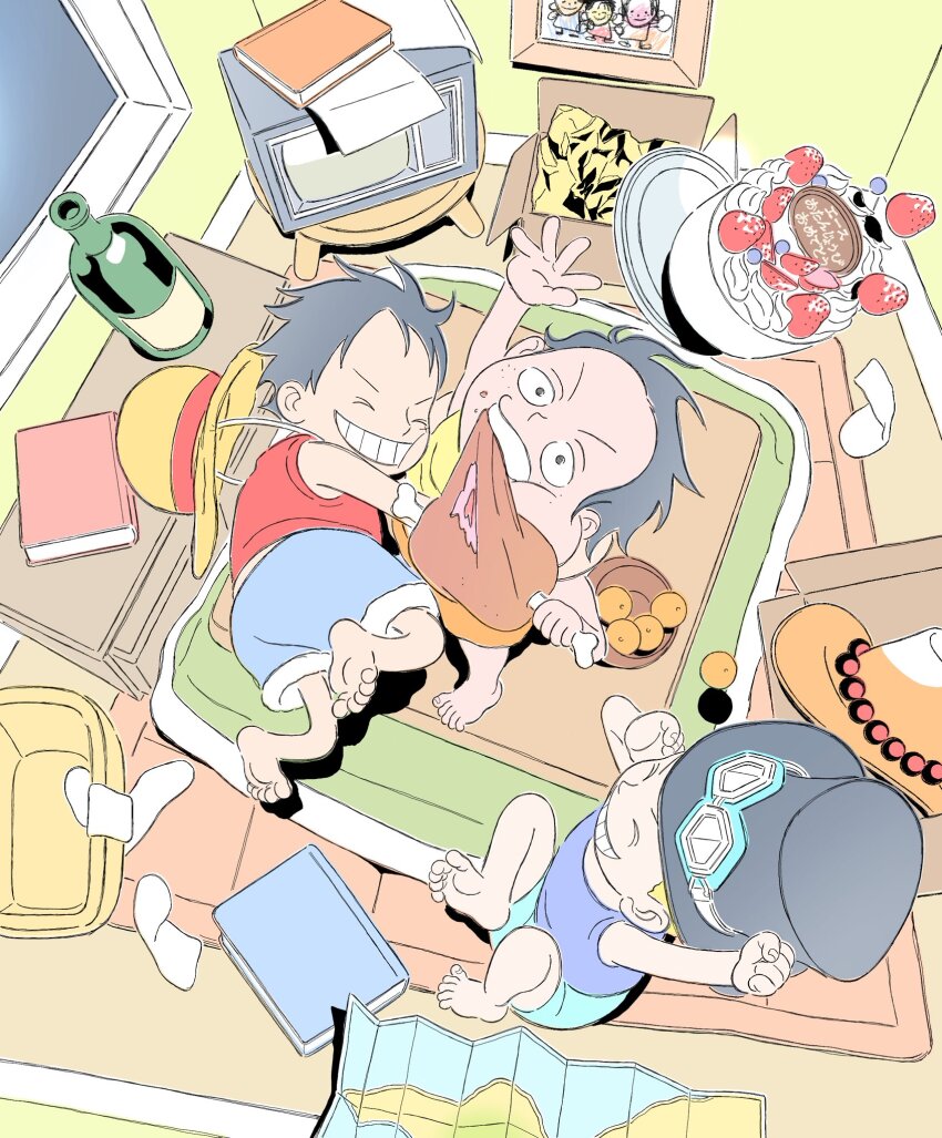 3boys aged_down blue_shorts blue_tank_top book brothers cake caramanducas child commentary_request drawing_(object) eating falling food freckles fruit goggles goggles_on_headwear hat highres indoors looking_up male_focus mandarin_orange map meat monkey_d._luffy multiple_boys one_piece portgas_d._ace red_shirt sabo_(one_piece) shirt shorts siblings smile straw_hat tank_top television yellow_tank_top