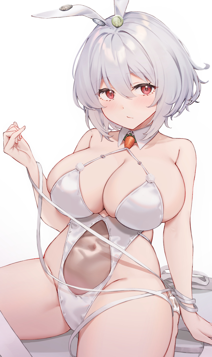 1girl alternate_costume animal_ears azur_lane blush breasts cleavage closed_mouth commentary_request covered_navel fake_animal_ears grey_hair hair_between_eyes highleg highleg_leotard highres kimi_tsuru large_breasts leotard looking_at_viewer playboy_bunny rabbit_ears short_hair simple_background sirius_(azur_lane) sirius_(rabbit_of_paradise)_(azur_lane) sitting skindentation solo white_background white_leotard