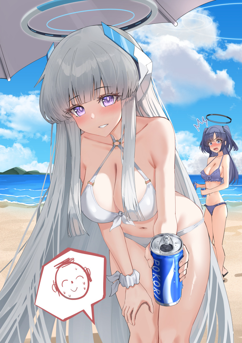 ^^^ absurdres alternate_costume arm_support bikini blue_archive brand_name_imitation can doodle_sensei_(blue_archive) frilled_bikini frills halo hand_on_own_knee headphones highres holding holding_can long_hair looking_at_viewer mechanical_halo noa_(blue_archive) o-ring o-ring_bikini pov purple_eyes purple_hair scrunchie sensei_(blue_archive) surprised swimsuit theory_(oortcloud1111) two_side_up white_bikini white_hair white_halo wrist_scrunchie yuuka_(blue_archive)