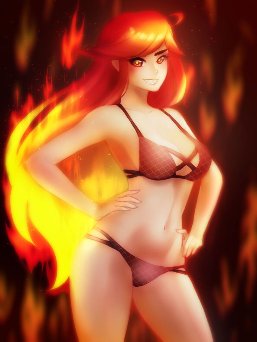 1girl black_bra bra breasts female_focus fire flaming_hair grin hands_on_own_hips highres large_breasts legs linea_alba long_hair looking_at_viewer meltyvixen navel panties red_eyes red_hair sharp_teeth smile solo teeth thighs underwear