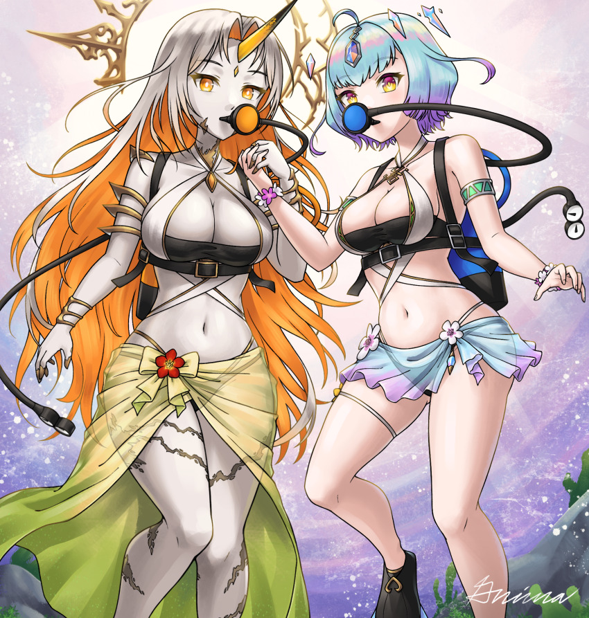 2girls ahoge aqua_hair bikini blonde_hair breasts cleavage colored_inner_hair dual_persona female_focus fire_emblem fire_emblem_heroes forehead_jewel gradient_hair grey_hair grimaisbestwaifu gullveig_(fire_emblem) gullveig_(summer)_(fire_emblem) highres holding_hands horns large_breasts medium_breasts mixed-language_commentary multicolored_hair multiple_girls navel nintendo official_alternate_costume pale_skin purple_hair sarong scuba_gear see-through_clothes see-through_sarong seidr_(fire_emblem) seidr_(summer)_(fire_emblem) single_horn submerged swimsuit two-tone_hair water yellow_horns