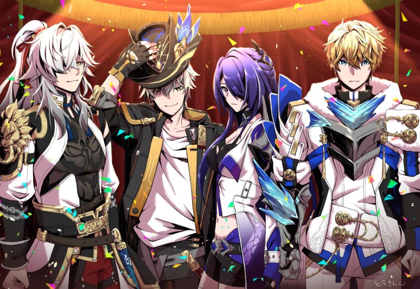 1girl 3boys acheron_(honkai:_star_rail) armor artist_name asymmetrical_footwear black_choker black_gloves black_jacket black_shorts blonde_hair blue_eyes breasts bsoutsider caelus_(honkai:_star_rail) choker cleavage coat coattails confetti detached_sleeves fingerless_gloves gepard_landau gloves grey_hair hair_over_one_eye hat highres honkai:_star_rail honkai_(series) jacket jing_yuan long_hair midriff mole mole_under_eye multicolored_hair multiple_boys navel ponytail purple_eyes purple_hair shirt short_shorts shorts shoulder_armor single_bare_shoulder stomach streaked_hair trailblazer_(honkai:_star_rail) white_coat white_gloves white_hair white_shirt yellow_eyes