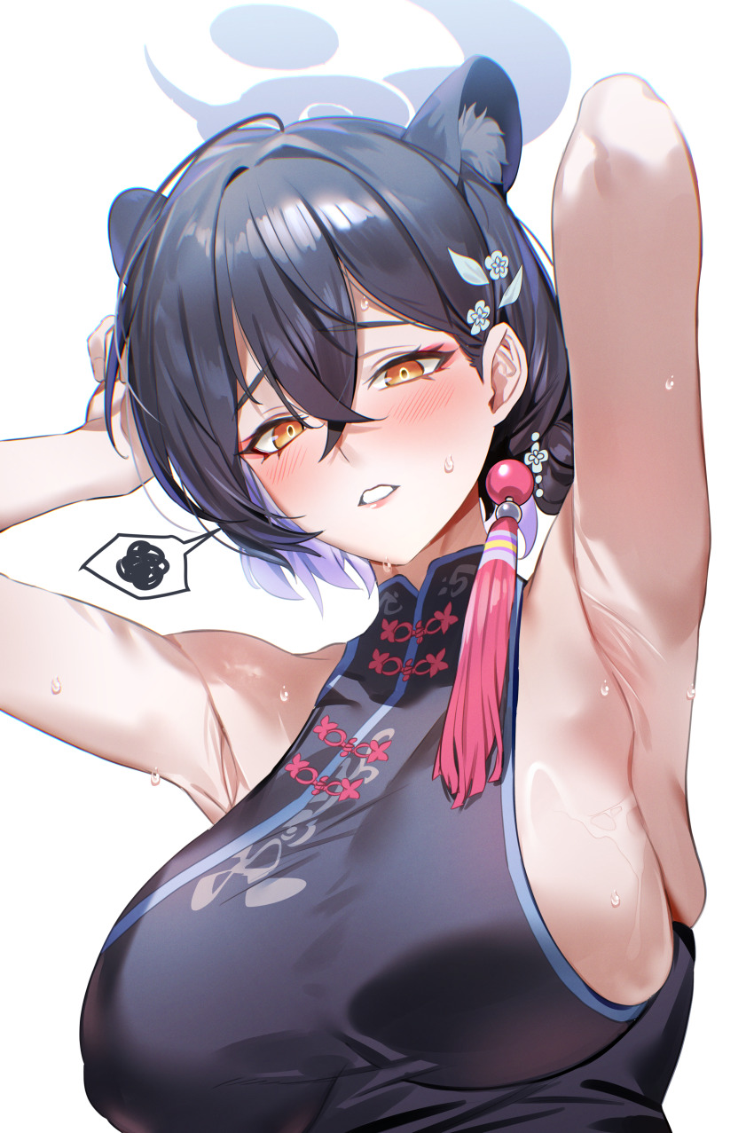 1girl absurdres animal_ear_fluff animal_ears armpits arms_up bare_arms bare_shoulders black_dress black_hair blue_archive blush breasts china_dress chinese_clothes commentary_request dress hair_between_eyes hair_intakes halo highres joacy kaguya_(blue_archive) korean_commentary large_breasts orange_eyes presenting_armpit revision short_hair sideboob sleeveless sleeveless_dress solo white_background yellow_eyes