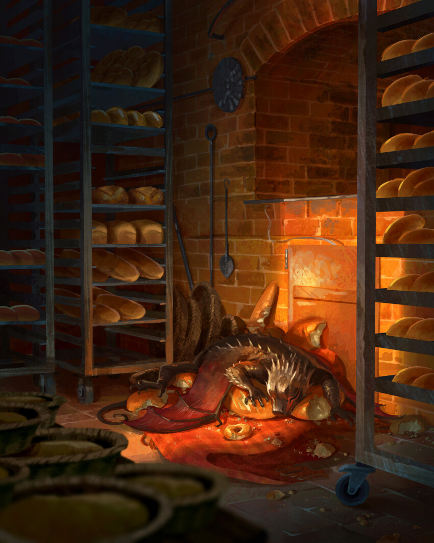 animal_focus baguette bakery basket bread brick_oven brick_wall closed_eyes commentary crumbs devin_elle_kurtz doughnut dragon english_commentary food highres indoors lying on_stomach original oven shelf shop sleeping western_dragon wings