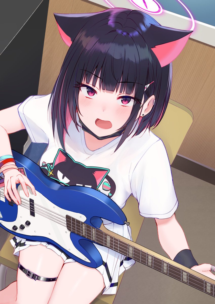 1girl absurdres animal_ears black_hair blue_archive cat_ears cat_girl chair colored_inner_hair commentary_request from_above guitar hair_ornament hairclip halo highres holding holding_guitar holding_instrument instrument kazusa_(band)_(blue_archive) kazusa_(blue_archive) looking_at_viewer miniskirt multicolored_hair on_chair open_mouth pink_eyes pink_hair pink_halo pleated_skirt school_chair shirt short_hair short_sleeves sitting skirt solo thigh_strap thighs v-shaped_eyebrows white_shirt white_skirt wristband yata_mawari