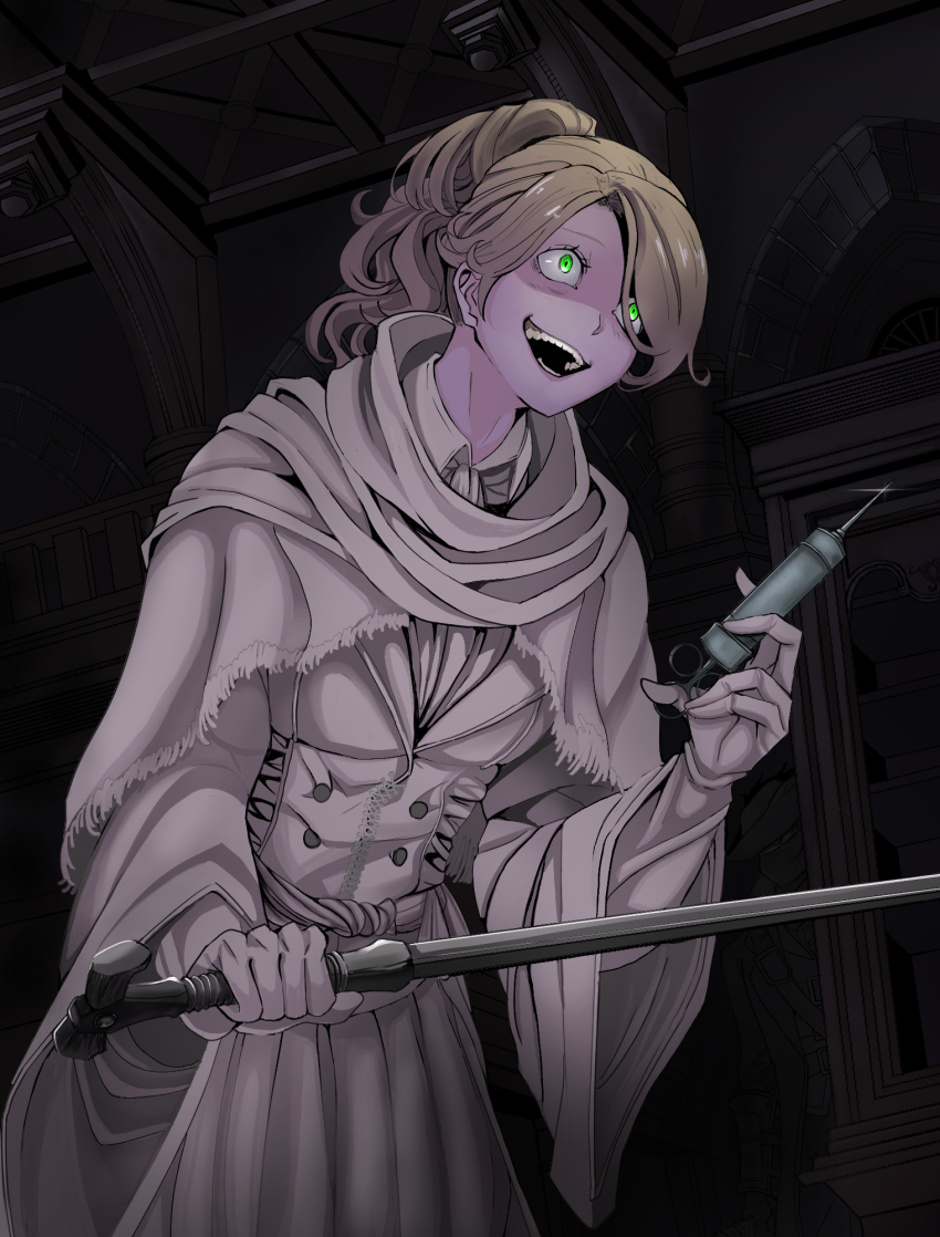 1girl blonde_hair bloodborne cane capelet commentary_request eyelashes glowing glowing_eyes green_eyes highres holding holding_cane holding_syringe indoors iosefka kageisland_9lov open_mouth ponytail shaded_face smile solo syringe teeth white_capelet