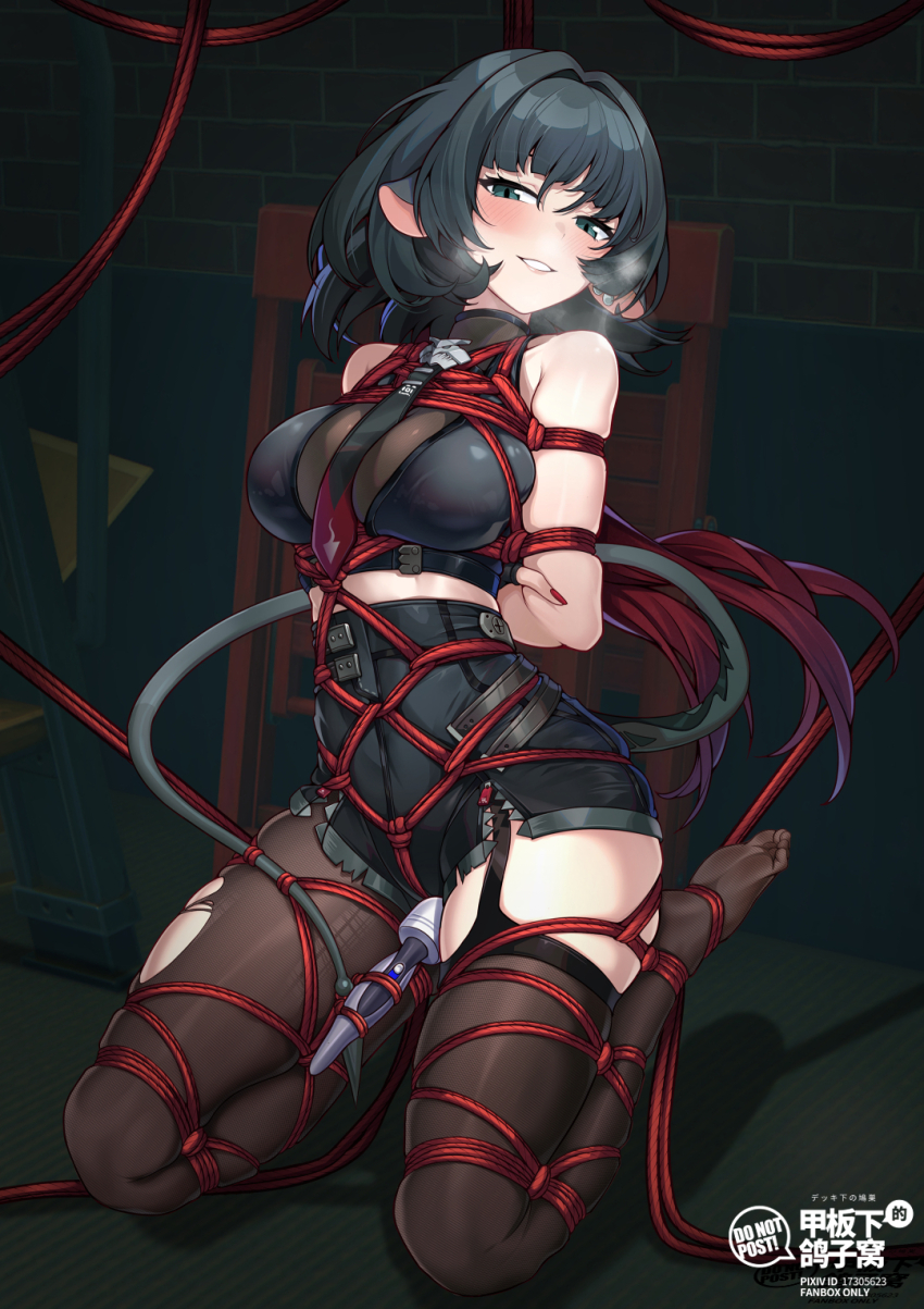 1girl animal_ears arms_behind_back bare_shoulders bdsm black_eyes black_hair black_pantyhose black_thighhighs blush bondage bound breasts brick_wall garter_straps grin hair_intakes highres indoors jane_doe_(zenless_zone_zero) large_breasts long_hair looking_at_viewer midriff nail_polish naughty_face no_shoes pantyhose red_nails rope sex_toy shibari single_leg_pantyhose single_thighhigh smile solo tail thighhighs thighs very_long_hair vibrator yiduan_zhu zenless_zone_zero