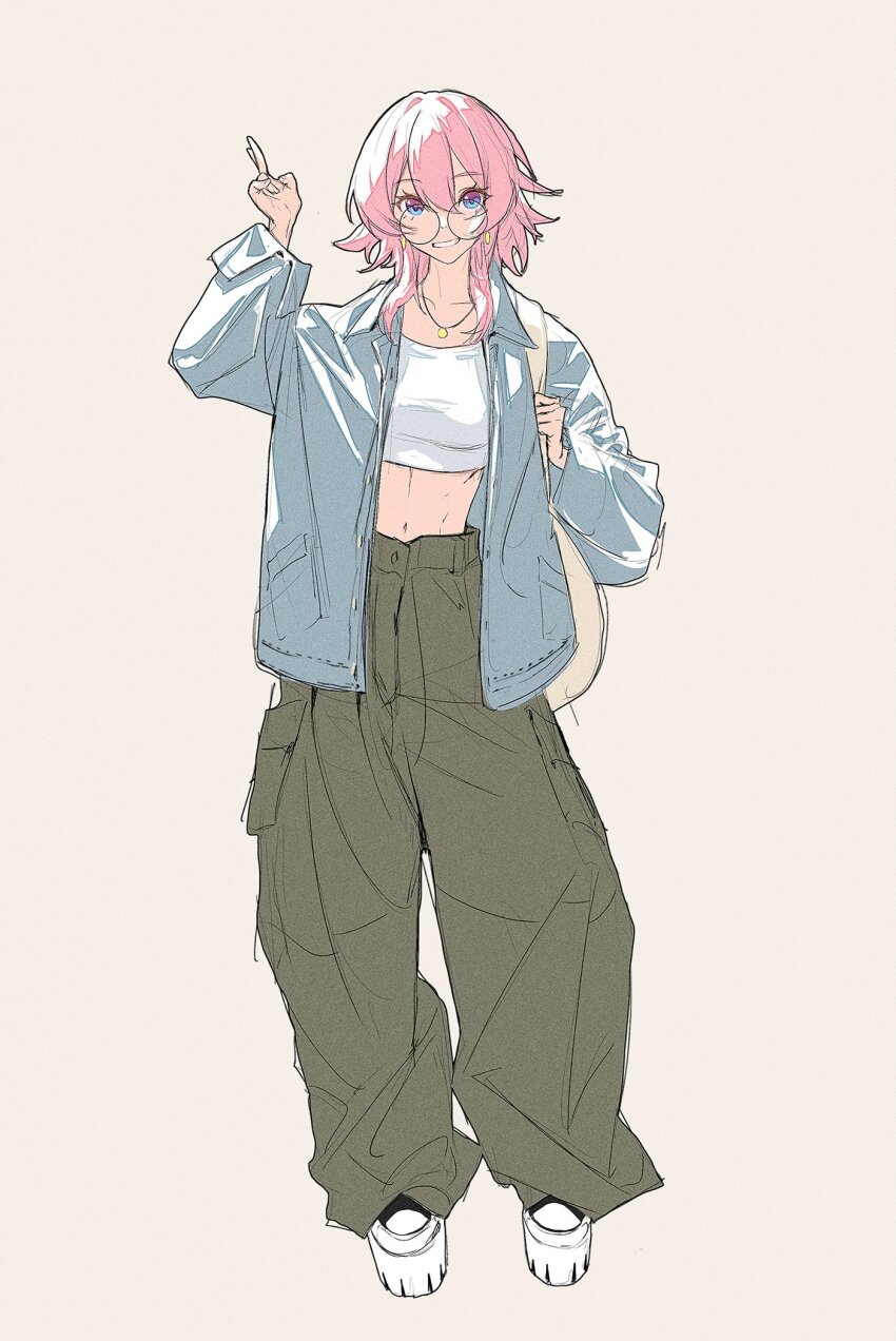 1girl alternate_costume baggy_pants casual daniel_deng full_body green_pants highres honkai:_star_rail honkai_(series) jacket march_7th_(honkai:_star_rail) multicolored_eyes navel open_clothes open_jacket pants pink_hair simple_background solo two-tone_eyes