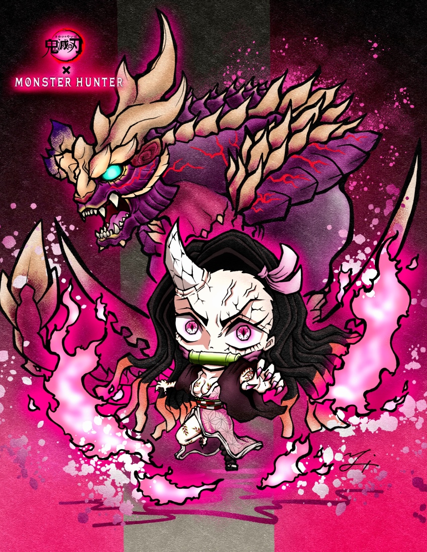 1girl absurdres arm_blade arm_tattoo asymmetrical_horns bamboo bit_gag black_hair blue_eyes breast_tattoo breasts brown_hair chibi chin_spike cleavage copyright_name crossover deadpool_yuchan demon_girl demon_horns fingernails fire gag highres horns japanese_clothes kamado_nezuko kimetsu_no_yaiba kimono leg_tattoo long_hair looking_at_viewer magnamalo monster monster_hunter_(series) monster_hunter_rise multicolored_hair open_mouth pink_fire purple_eyes scorned_magnamalo sharp_fingernails sharp_tail sharp_teeth single_horn slit_pupils spikes tattoo teeth two-tone_hair veins weapon