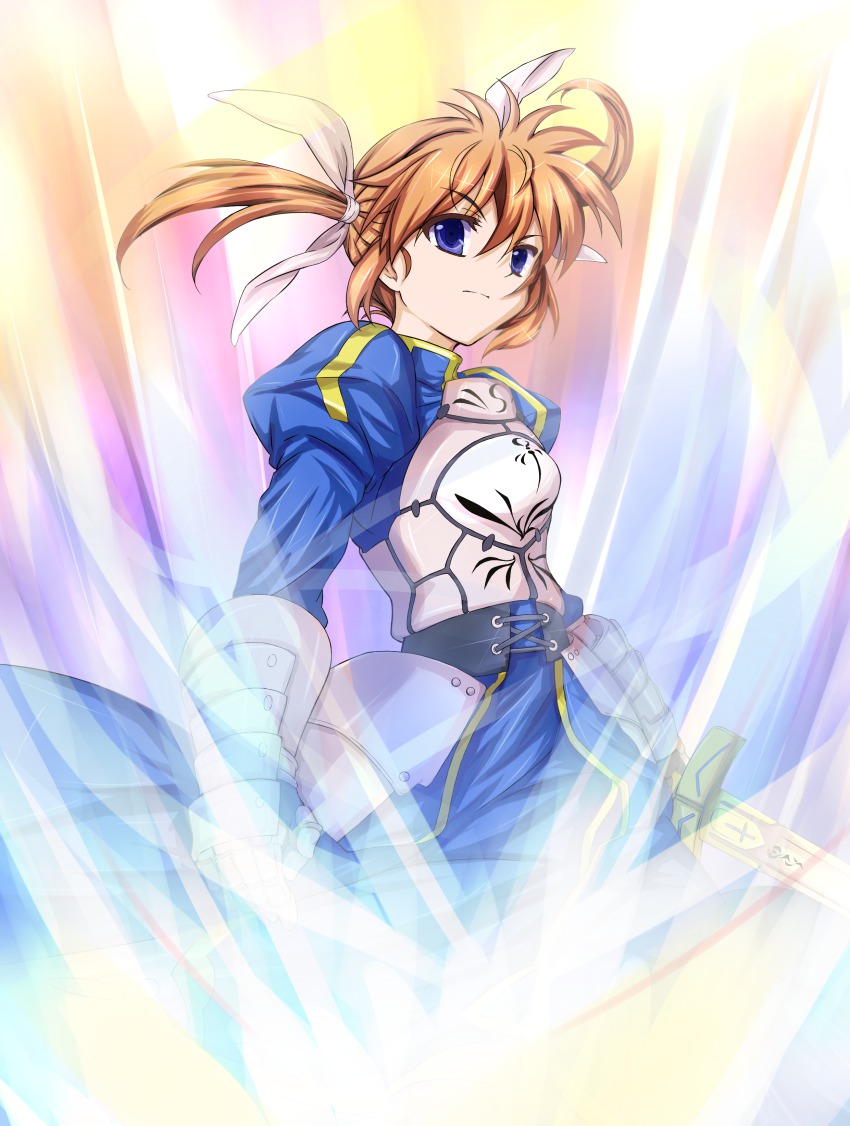 1girl absurdres armor armored_dress artoria_pendragon_(all) artoria_pendragon_(fate) bad_id bad_pixiv_id blue_eyes borrowed_weapon brown_hair cosplay dress excalibur_(fate/stay_night) fate/stay_night fate_(series) female_focus gauntlets hair_ribbon highres kaima lyrical_nanoha mahou_shoujo_lyrical_nanoha narusemi ribbon saber_(fate) saber_(fate)_(cosplay) short_hair short_twintails solo sword takamachi_nanoha twintails weapon