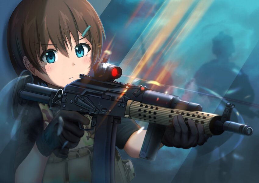 1girl 2others ak-74 aks-74u ammunition_pouch assault_rifle black_gloves blue_eyes brown_hair finger_on_trigger gloves gun highres holding holding_gun holding_weapon kalashnikov_rifle load_bearing_vest looking_at_viewer magazine_(weapon) makiyo_shine multiple_others original pouch rifle scope silhouette solo_focus weapon