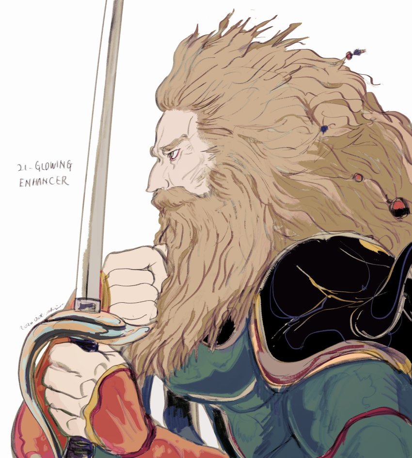 1boy armor banon_(ffvi) beard blonde_hair facial_hair final_fantasy final_fantasy_vi highres holding holding_sword holding_weapon long_beard mustache oju_(ouka) old old_man simple_background square_enix sword weapon white_background