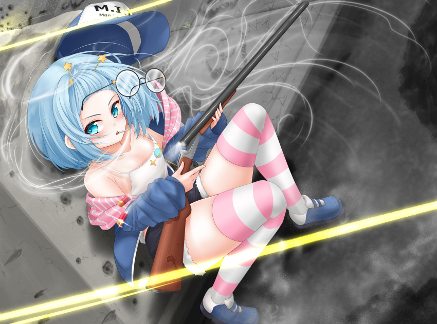 1girl absurdres astera_tofu baseball_cap black_shorts blue_eyes blue_footwear blue_hair blue_jacket camisole cigarette collarbone double-barreled_shotgun firing glasses gun hairband hat highres holding holding_gun holding_weapon jacket jelly_hoshiumi open_clothes open_jacket phase_connect pink_thighhighs round_eyewear short_hair shorts shotgun shotgun_shell smoke smoking solo striped_clothes striped_thighhighs thighhighs unworn_eyewear virtual_youtuber weapon white_camisole white_thighhighs yellow_hairband