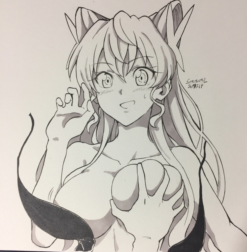 1girl blush breasts cleavage cototiworld grabbing_another&#039;s_breast greyscale groping hair_between_eyes hair_ornament highres large_breasts long_hair maria_cadenzavna_eve marker_(medium) monochrome open_mouth senki_zesshou_symphogear simple_background solo sweatdrop traditional_media very_long_hair