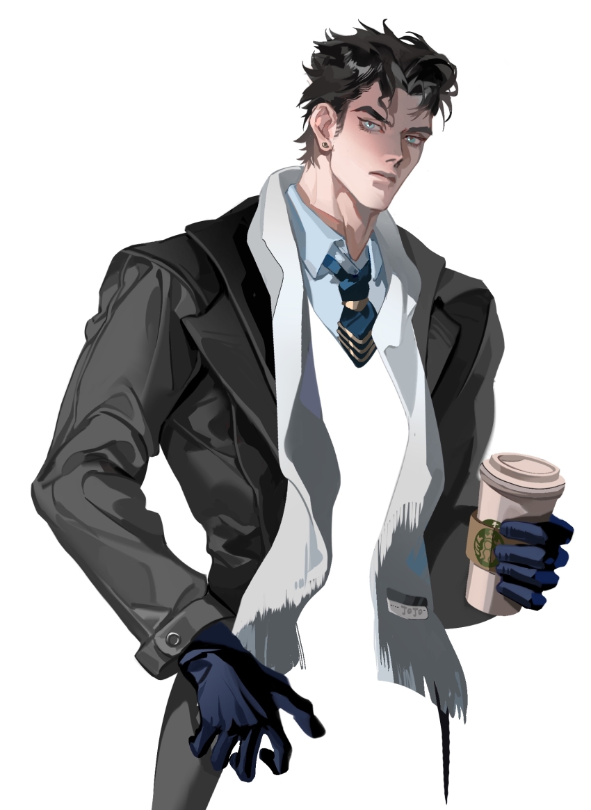 1boy black_coat black_gloves black_hair blue_eyes blue_shirt closed_mouth coat collared_shirt cowboy_shot drink earrings expressionless gloves highres holding holding_drink jewelry jojo_no_kimyou_na_bouken kuriimalekou kuujou_joutarou lapels lips long_sleeves looking_at_viewer male_focus necktie notched_lapels scarf shirt short_hair simple_background solo standing starbucks stud_earrings white_background white_scarf