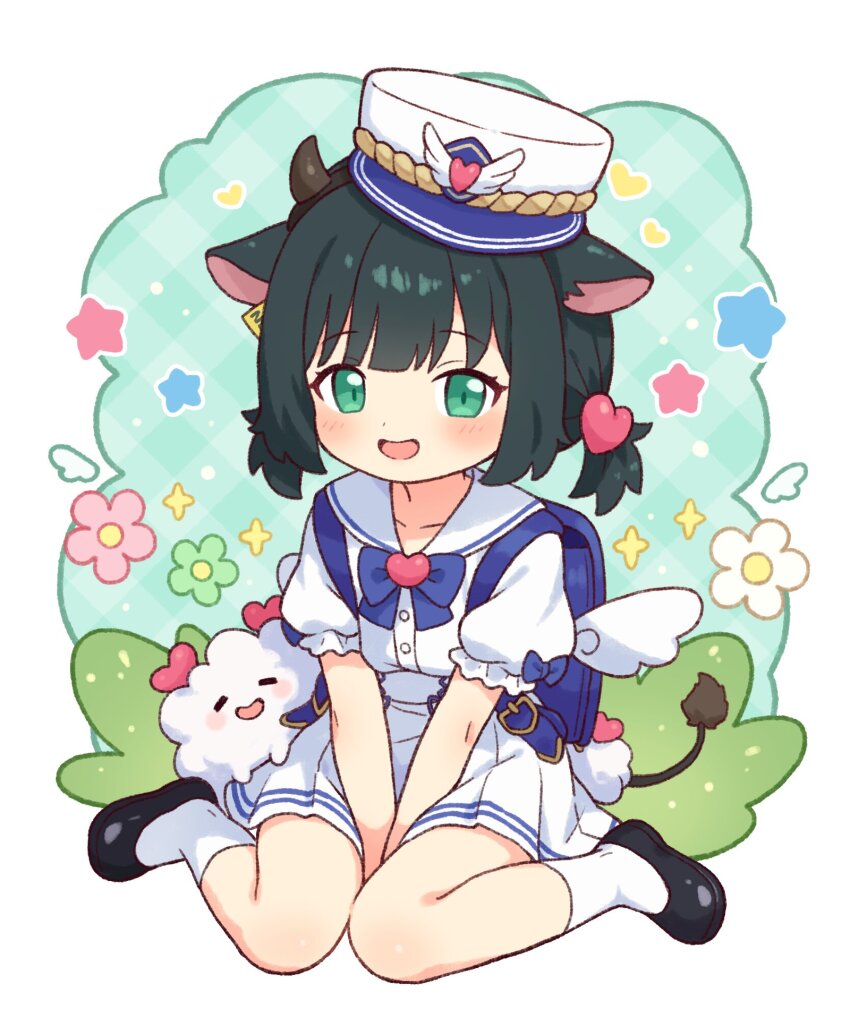 1girl aged_down amano_nene_(vtuber) animal_ears aqua_eyes backpack bag between_legs black_footwear blue_bag blue_bow blue_bowtie blush bow bowtie brooch cloudtomo_(amano_nene) commission cow_ears cow_horns cow_tail fake_horns full_body hair_ornament hand_between_legs hashtag-only_commentary hat heart heart_brooch heart_hair_ornament highres horn_hairband horns jewelry kepi loafers looking_at_viewer military_hat miniskirt official_alternate_costume onyhakase open_mouth pleated_skirt production_kawaii randoseru sailor_collar school_uniform second-party_source serafuku shoes short_twintails sitting skeb_commission skirt smile socks solo tail twintails v_arms virtual_youtuber wariza white_hat white_sailor_collar white_serafuku white_skirt white_socks