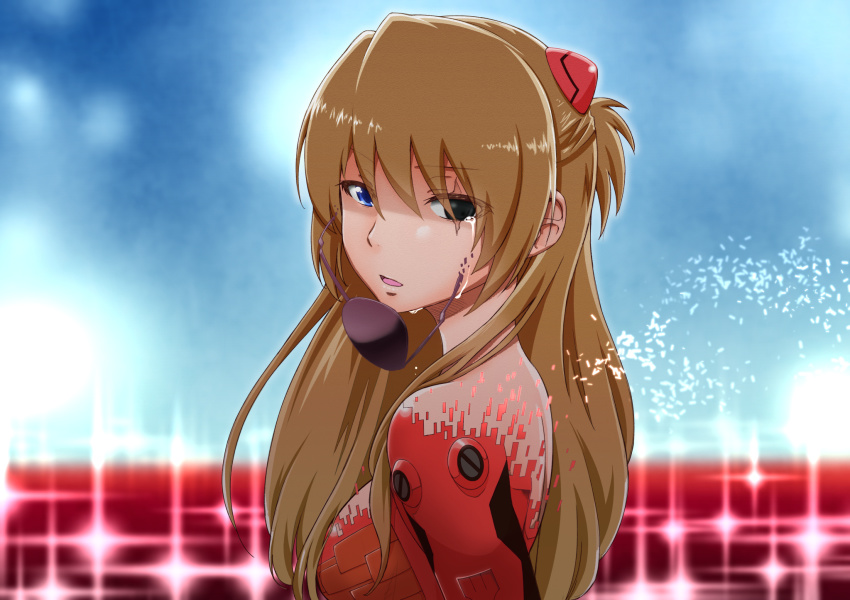 1girl bad_id bad_pixiv_id black_eyes blue_eyes brown_hair dissolving female_focus heterochromia highres long_hair looking_at_viewer neon_genesis_evangelion open_mouth plugsuit rebuild_of_evangelion solo souryuu_asuka_langley suzushiro_nazuna tears