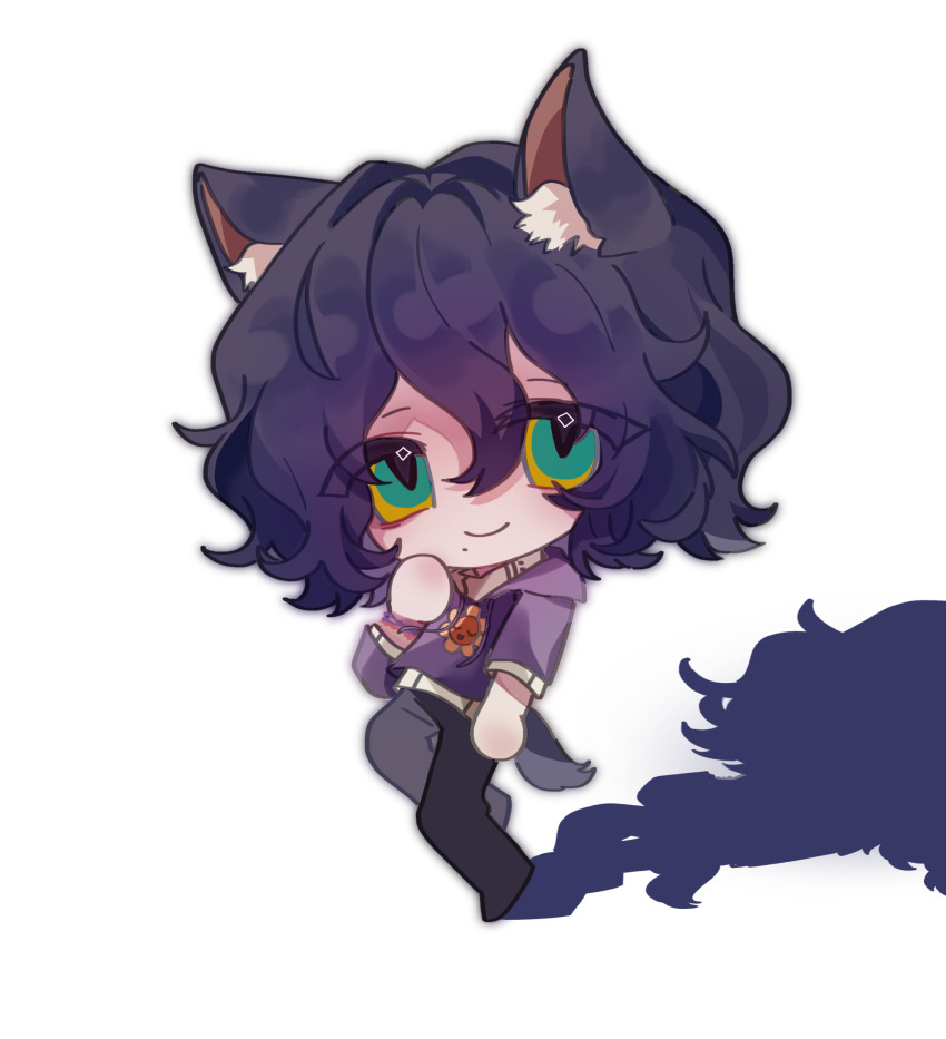 1boy animal_ear_fluff animal_ears black_pants blue_hair bushishangbu chibi chibi_only chinese_commentary closed_mouth commentary_request dark_blue_hair eyes_visible_through_hair hair_between_eyes hair_intakes hand_on_own_cheek hand_on_own_face highres hood hood_down long_sleeves male_focus medium_hair mole mole_under_mouth multicolored_eyes pants purple_hood shirt smile solo tail touqi_guaitan wavy_hair white_shirt wolf_boy wolf_ears wolf_tail you_jiujiu