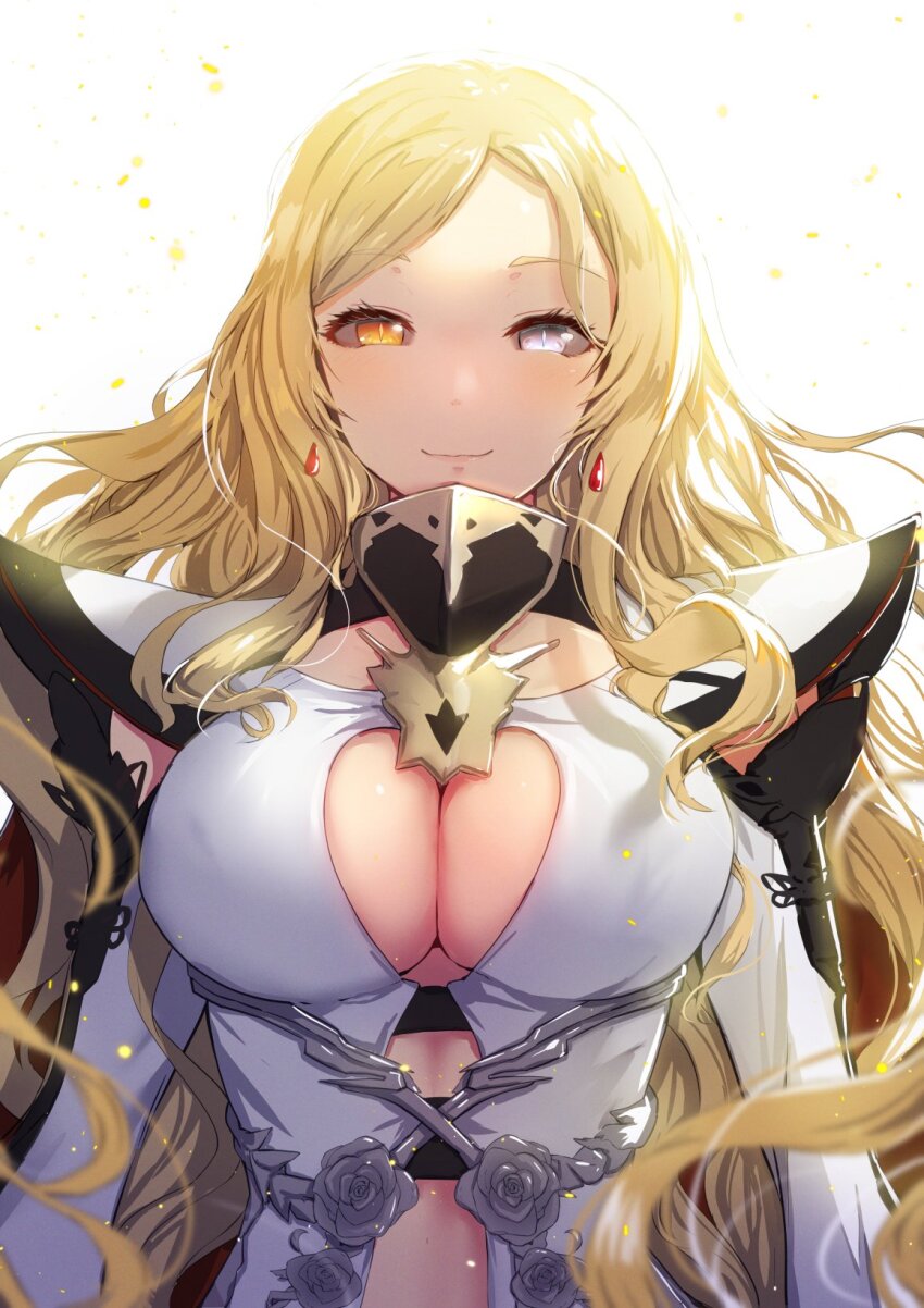 1girl ahura_mazda_(kokubyaku_no_avesta) arms_at_sides black_sclera blonde_hair blurry blurry_foreground breasts colored_sclera earrings grey_eyes heterochromia highres jewelry kokubyaku_no_avesta large_breasts long_hair looking_at_viewer okina_(805197) orange_eyes shinza_bansho_series slit_pupils smile solo very_long_hair