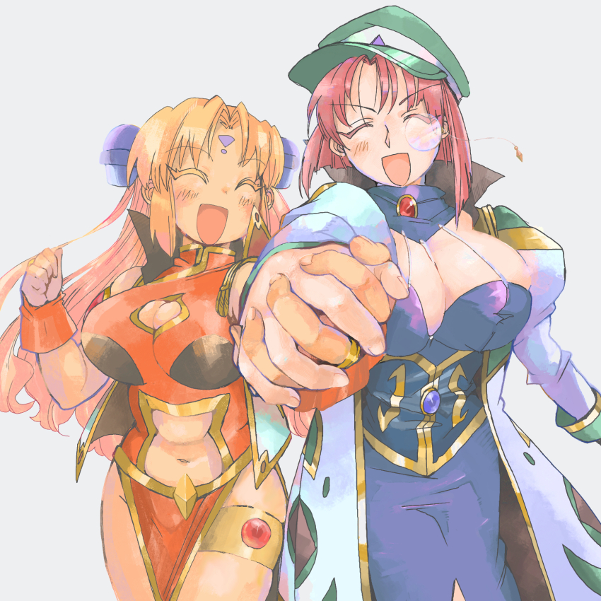 2girls blonde_hair blue_dress breasts china_dress chinese_clothes cleavage cleavage_cutout closed_eyes clothing_cutout cowboy_shot dress facial_mark forehead_mark forte_stollen galaxy_angel gold_trim hairpods hat highres holding_hands large_breasts long_hair monocle monocle_chain multiple_girls navel_cutout open_mouth outstretched_arms pelvic_curtain prprtooon ranpha_franboise red_dress red_hair short_hair simple_background smile white_background wrist_cuffs