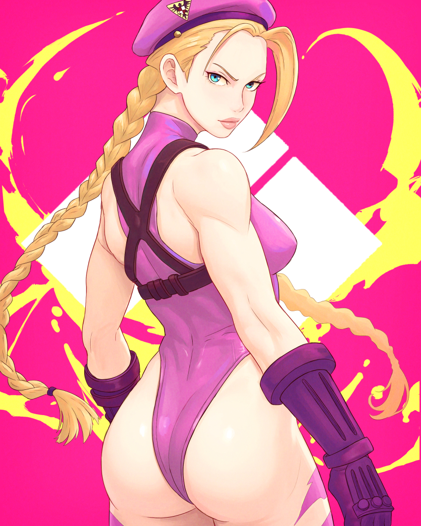 1girl absurdres ass beret blonde_hair blue_eyes braid breasts cammy_white capcom curvy hat highres huge_ass large_breasts legs leotard long_hair pink_lips seductive_smile sideboob smile street_fighter thick_thighs thighs thong_leotard truejekart twin_braids very_long_hair wide_hips